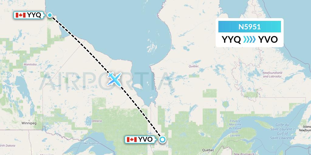 N5951 Nolinor Aviation Flight Map: Churchill to Val-d'Or