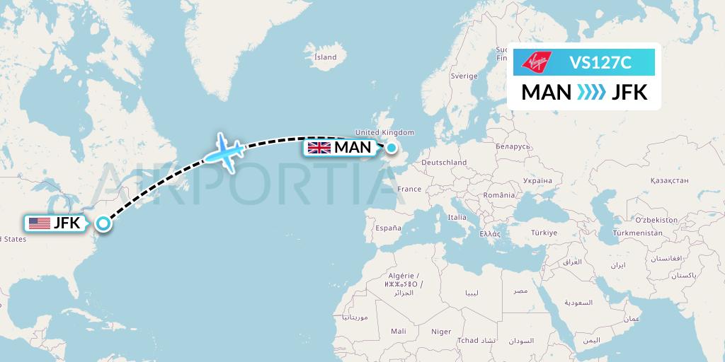 VS127C Virgin Atlantic Airways Flight Map: Manchester to New York