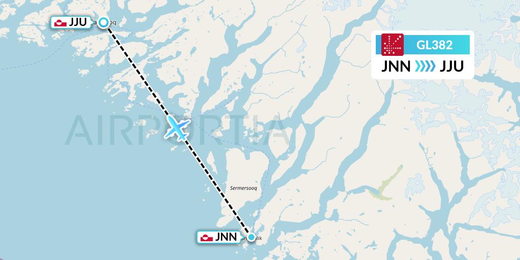 GL382 Air Greenland Flight Map: Nanortalik to Qaqortoq