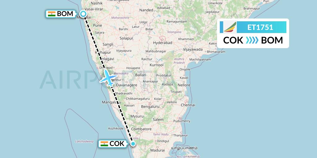 ET1751 Ethiopian Airlines Flight Map: Cochin to Mumbai