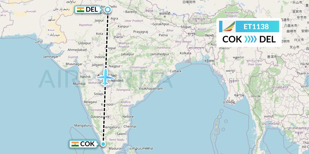 ET1138 Ethiopian Airlines Flight Map: Cochin to Delhi