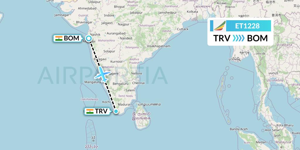 ET1228 Ethiopian Airlines Flight Map: Thiruvananthapuram to Mumbai