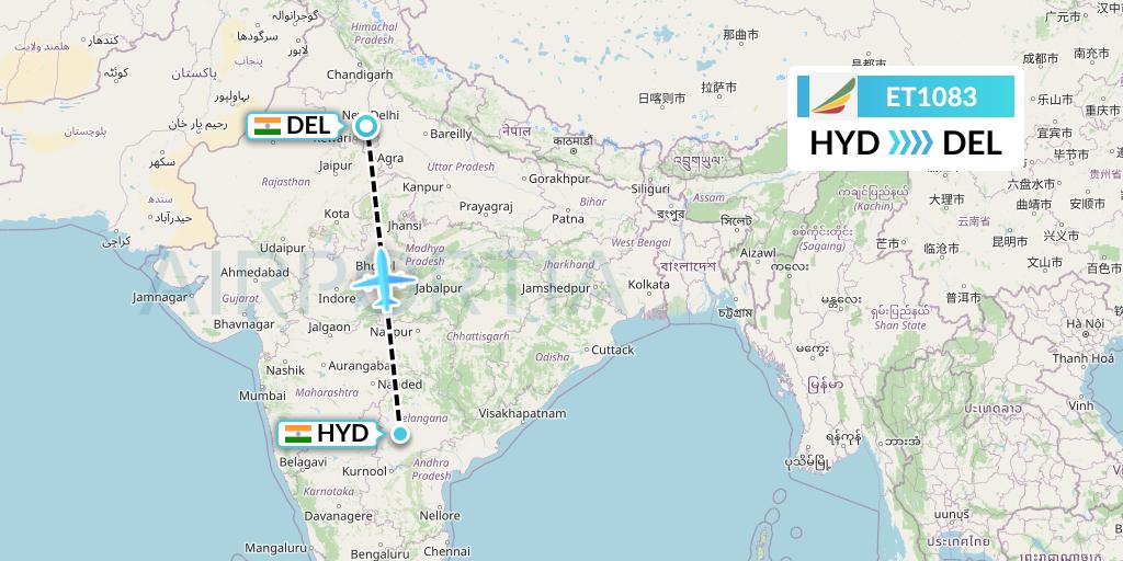 ET1083 Ethiopian Airlines Flight Map: Hyderabad to Delhi