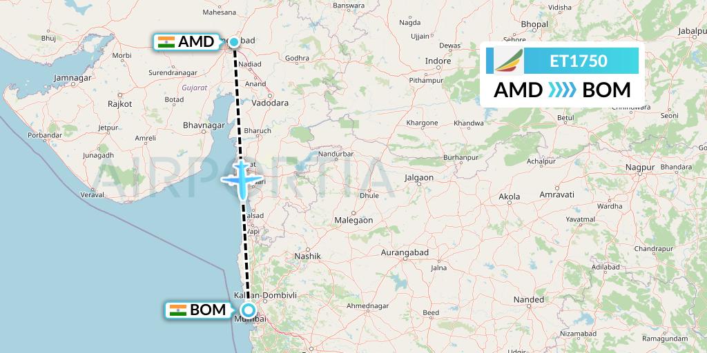 ET1750 Ethiopian Airlines Flight Map: Ahmedabad to Mumbai