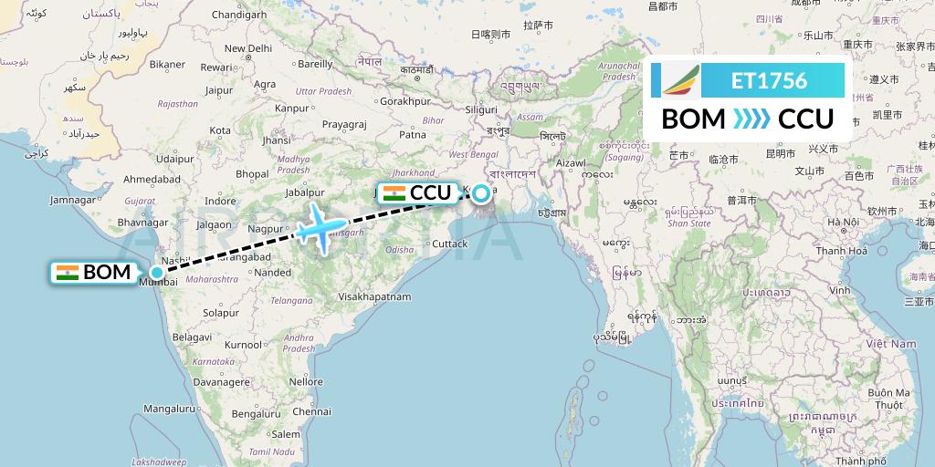 ET1756 Ethiopian Airlines Flight Map: Mumbai to Kolkata