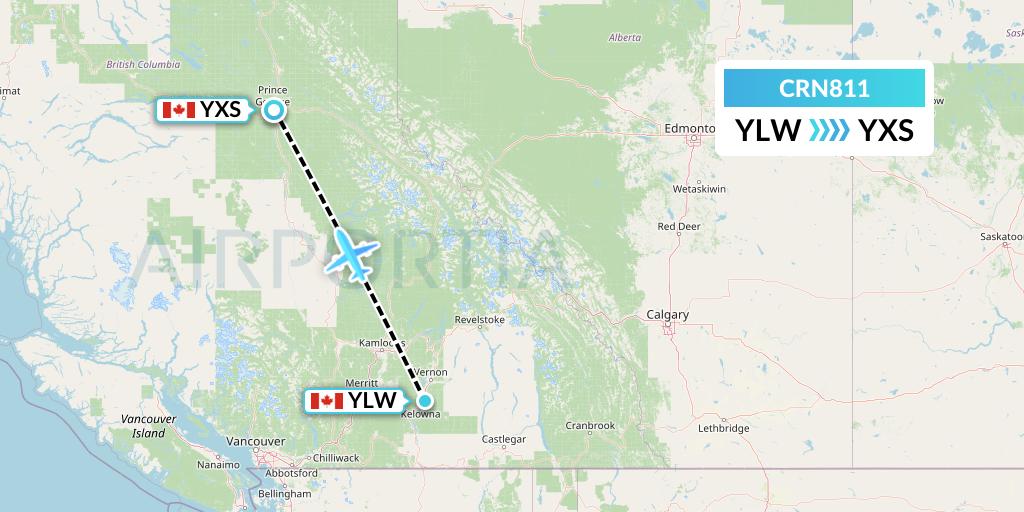 CRN811 Aerocaribbean Flight Map: Kelowna to Prince George