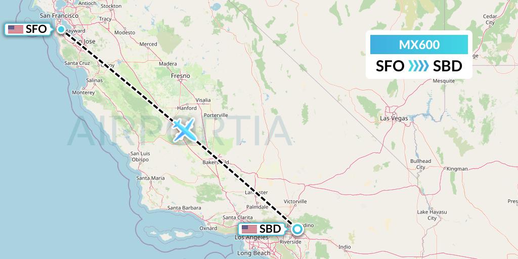 MX600 Breeze Airways Flight Map: San Francisco to San Bernardino