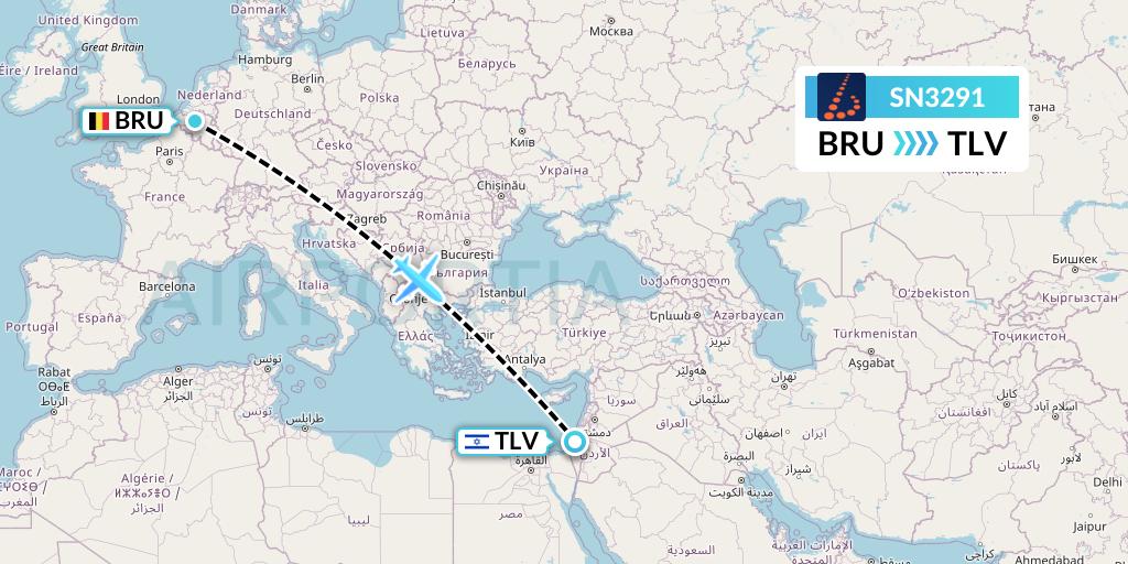 SN3291 Brussels Airlines Flight Map: Brussels to Tel Aviv