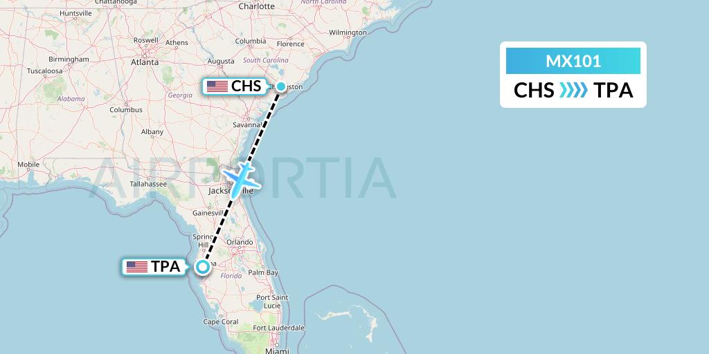 MX101 Breeze Airways Flight Map: Charleston to Tampa