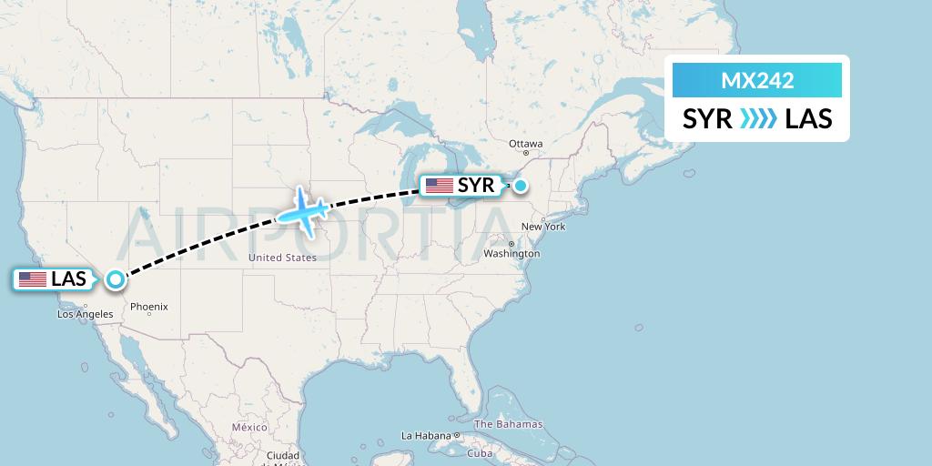 MX242 Breeze Airways Flight Map: Syracuse to Las Vegas