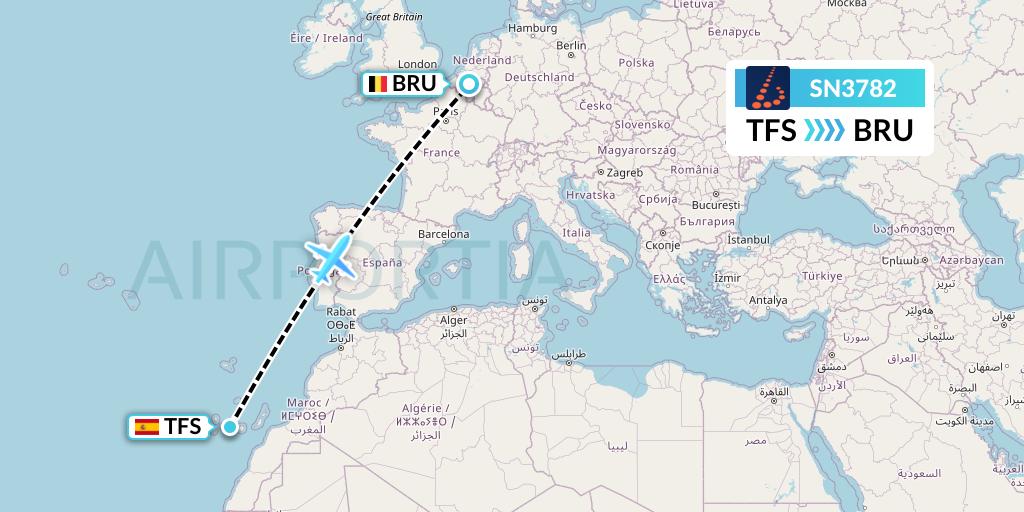 SN3782 Brussels Airlines Flight Map: Tenerife to Brussels