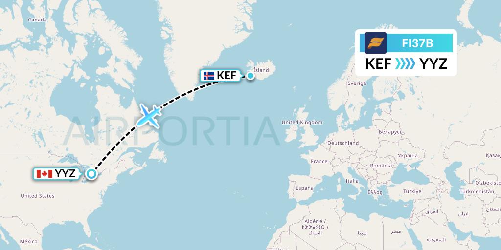 FI37B Icelandair Flight Map: Reykjavik to Toronto