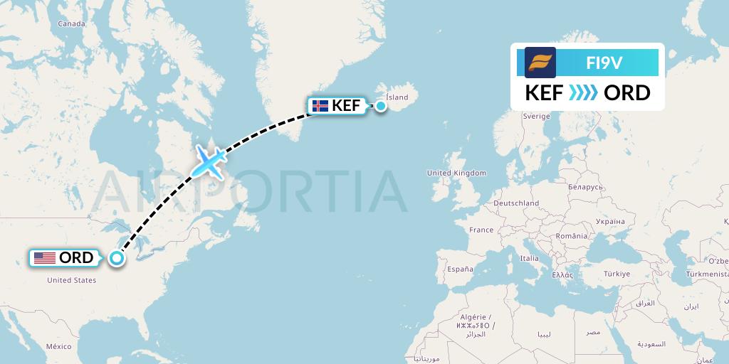 FI9V Icelandair Flight Map: Reykjavik to Chicago