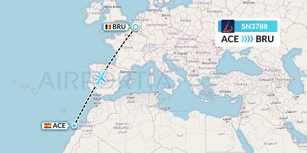 SN3788 Brussels Airlines Flight Map: Lanzarote to Brussels