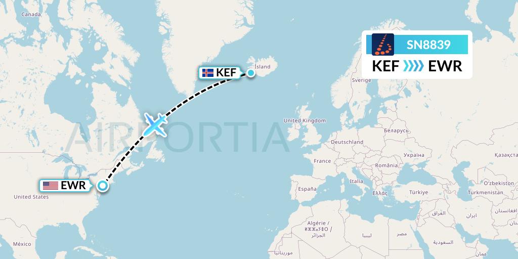 SN8839 Brussels Airlines Flight Map: Reykjavik to New York