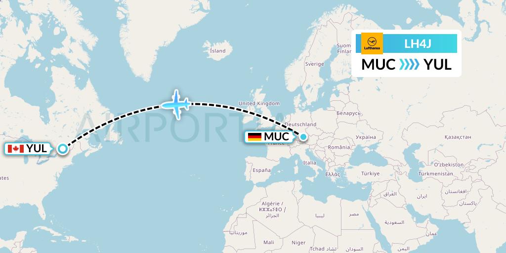 LH4J Lufthansa Flight Map: Munich to Montreal