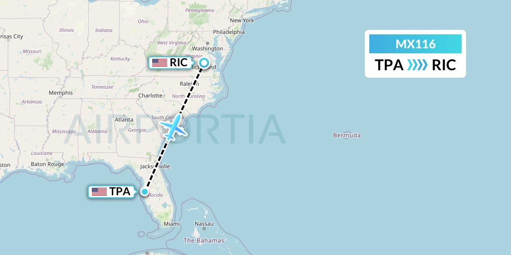 MX116 Breeze Airways Flight Map: Tampa to Richmond