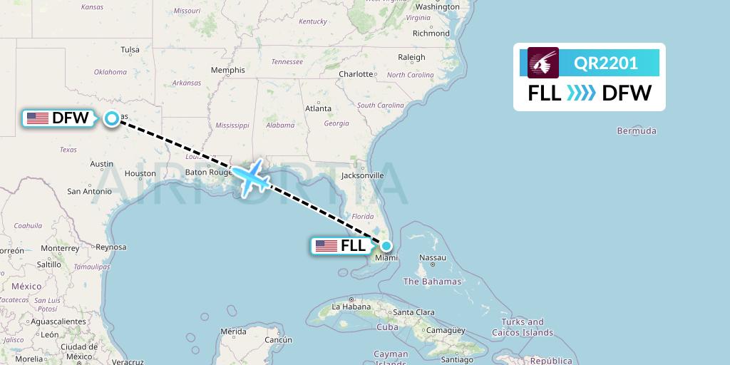 QR2201 Qatar Airways Flight Map: Fort Lauderdale to Dallas