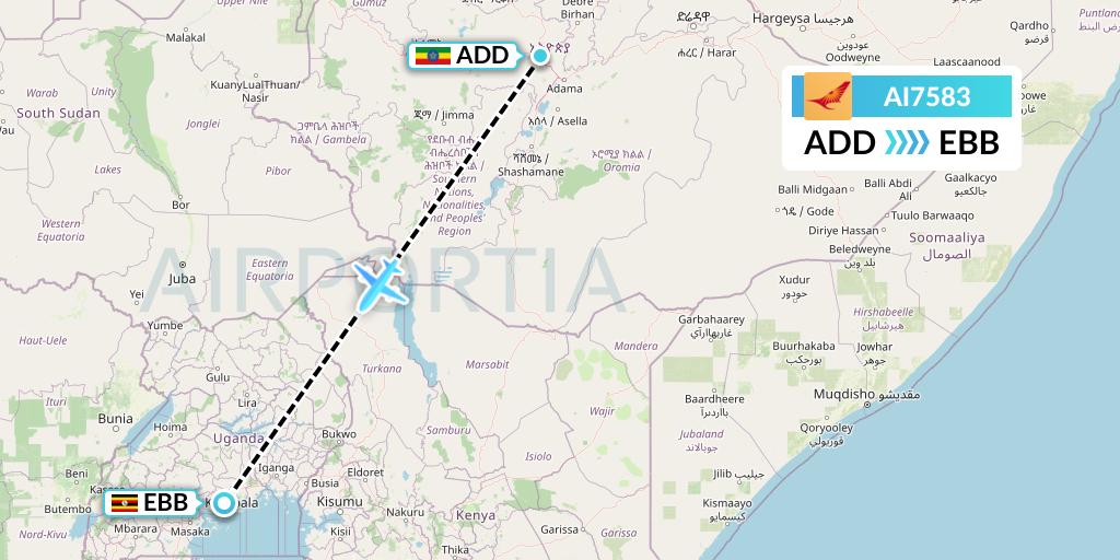 AI7583 Air India Flight Map: Addis Ababa to Entebbe