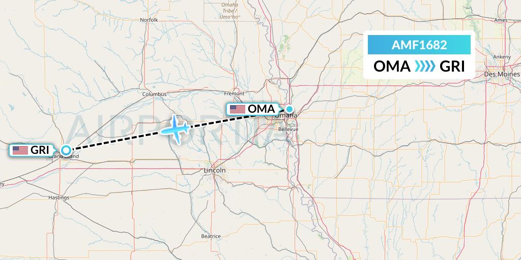 AMF1682 Ameriflight Flight Map: Omaha to Grand Island