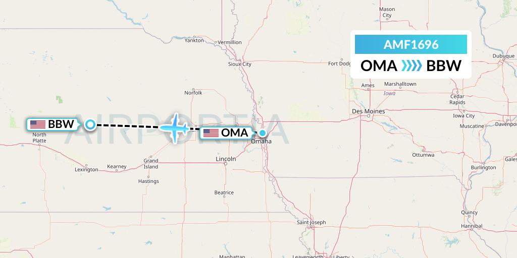 AMF1696 Ameriflight Flight Map: Omaha to Broken Bow
