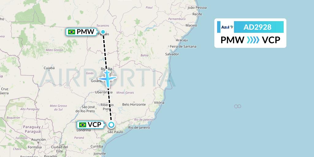 AD2928 Azul Brazilian Airlines Flight Map: Palmas to Campinas