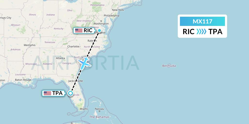 MX117 Breeze Airways Flight Map: Richmond to Tampa