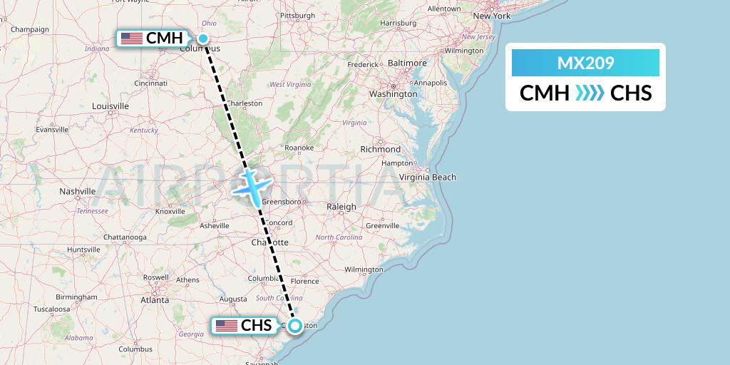 MX209 Breeze Airways Flight Map: Columbus to Charleston