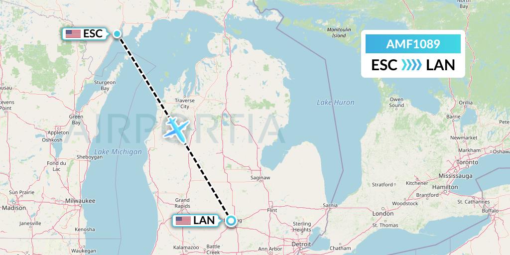 AMF1089 Ameriflight Flight Map: Escanaba to Lansing