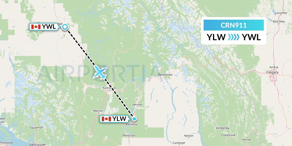 CRN911 Aerocaribbean Flight Map: Kelowna to Williams Lake
