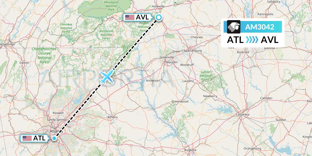 AM3042 Aeromexico Flight Map: Atlanta to Asheville