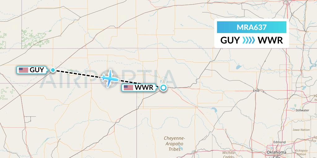 MRA637 Martinaire Flight Map: Guymon to Woodward