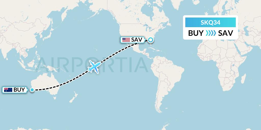 SKQ34 Labcorp Flight Map: Bunbury to Savannah