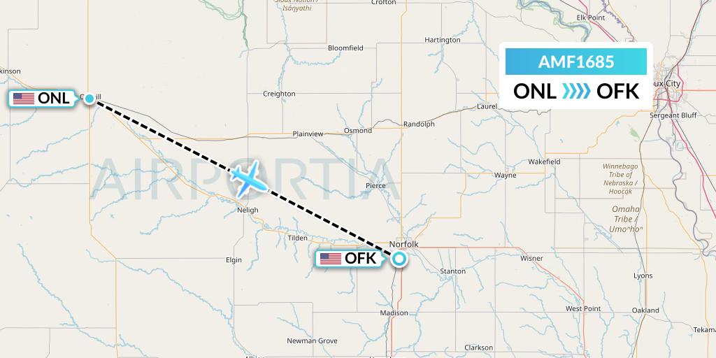 AMF1685 Ameriflight Flight Map: Oneill to Norfolk