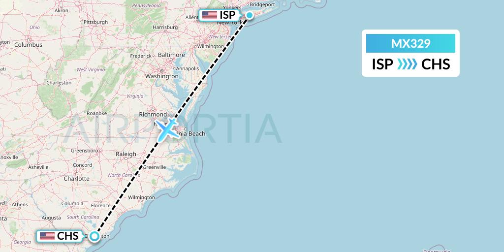 MX329 Breeze Airways Flight Map: Islip to Charleston