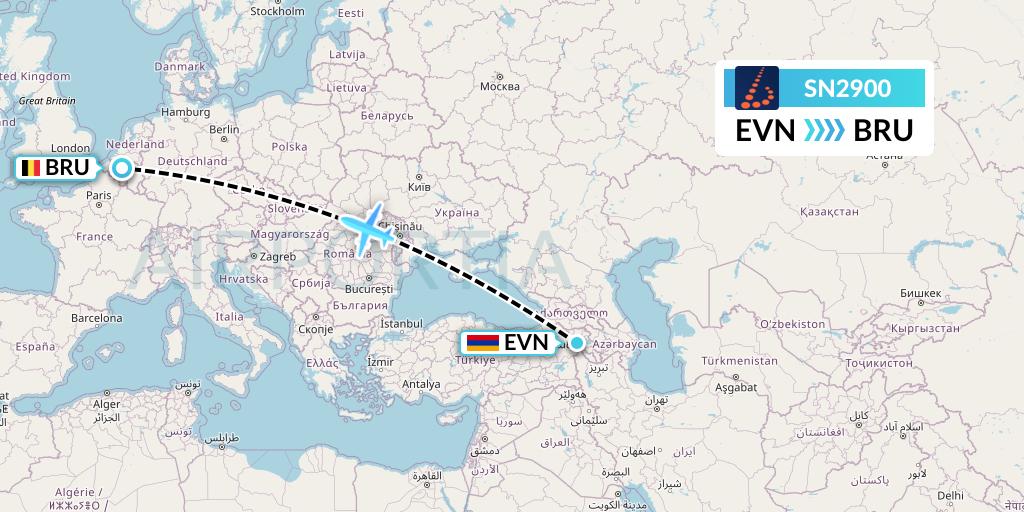SN2900 Brussels Airlines Flight Map: Yerevan to Brussels