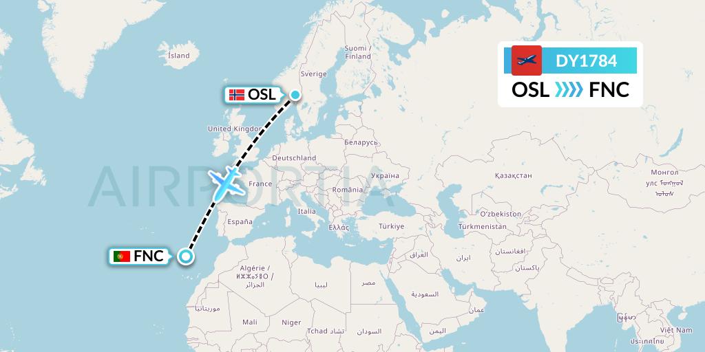 DY1784 Norwegian Flight Map: Oslo to Funchal