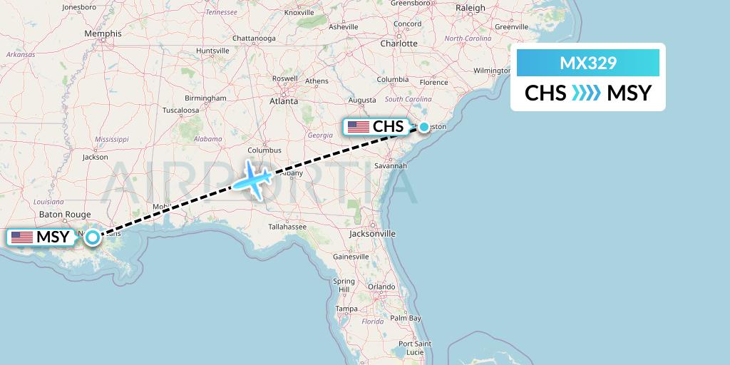 MX329 Breeze Airways Flight Map: Charleston to New Orleans
