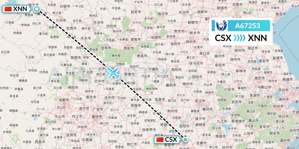 A67253 Hongtu Airlines Flight Map: Changsha to Xining