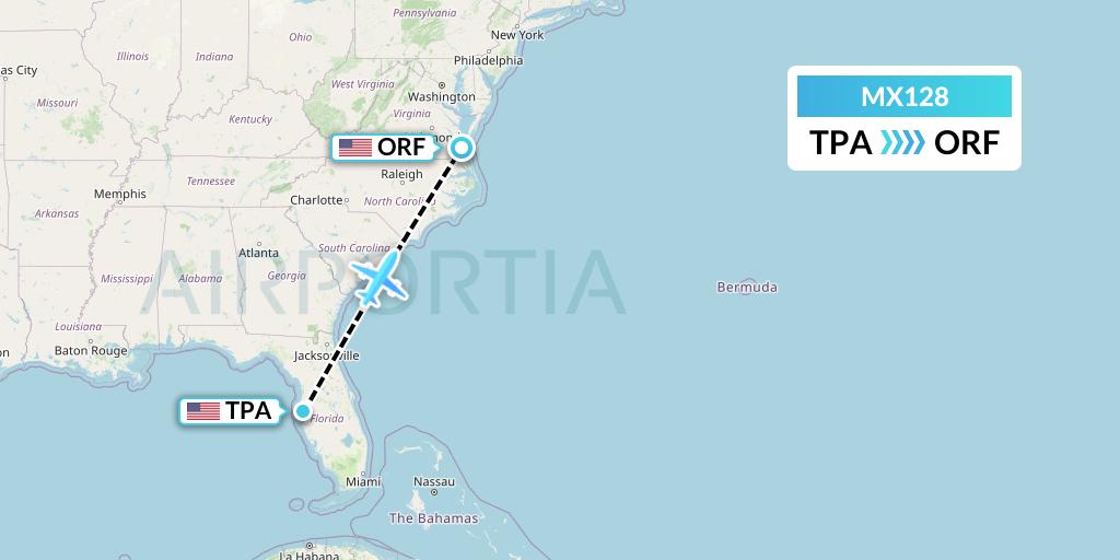 MX128 Breeze Airways Flight Map: Tampa to Norfolk