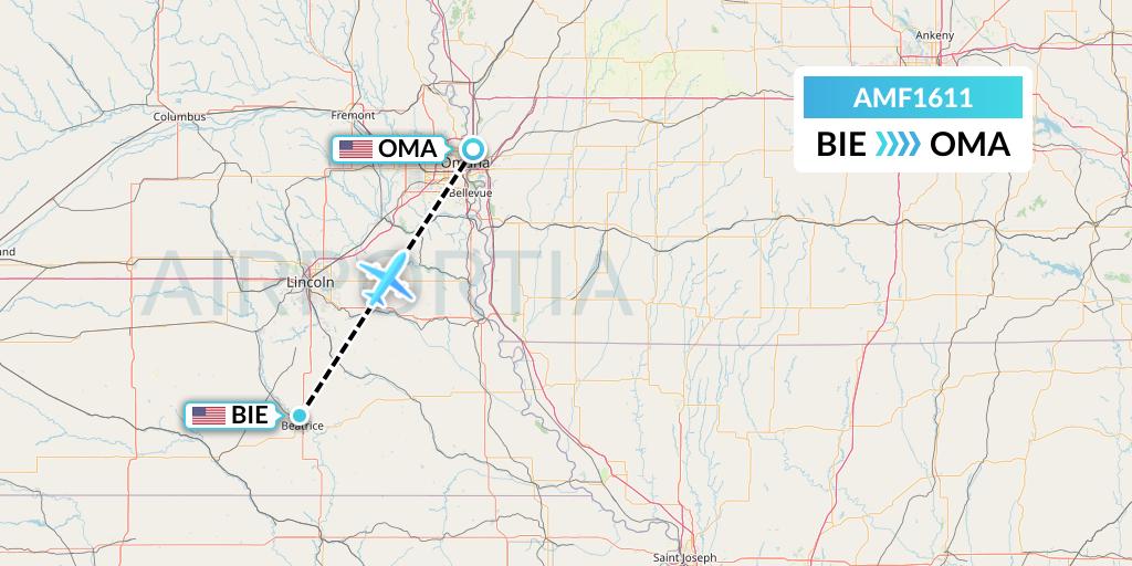 AMF1611 Ameriflight Flight Map: Beatrice to Omaha
