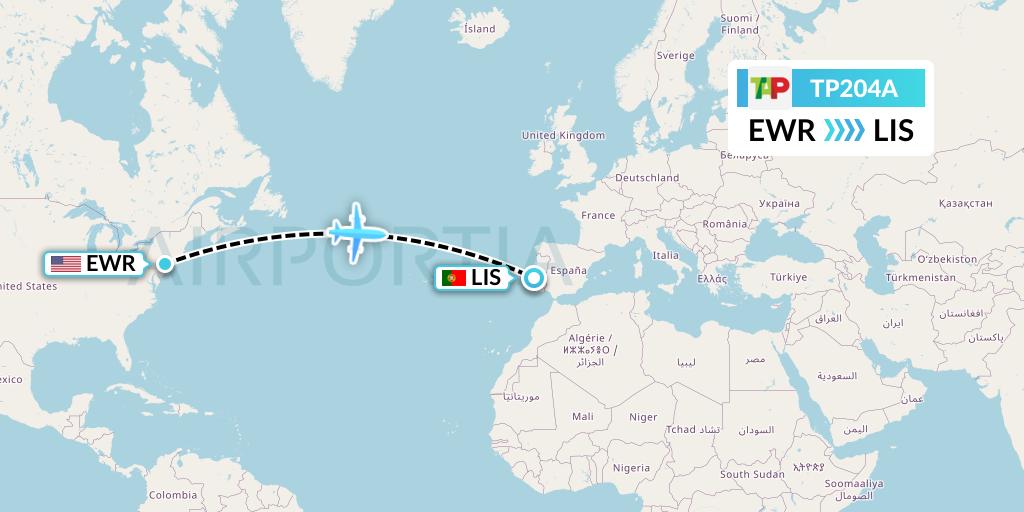 TP204A TAP Portugal Flight Map: New York to Lisbon