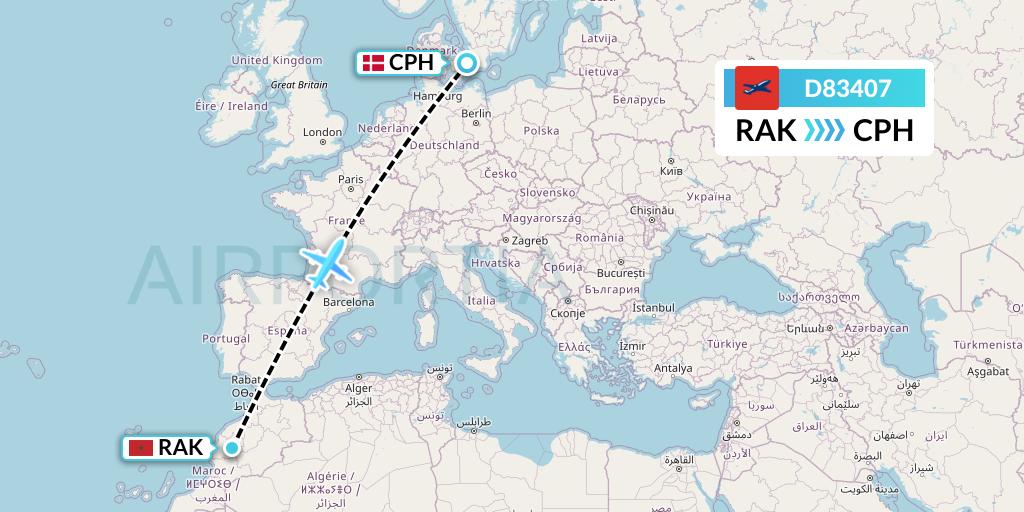 D83407 Norwegian Air International Flight Map: Marrakesh to Copenhagen