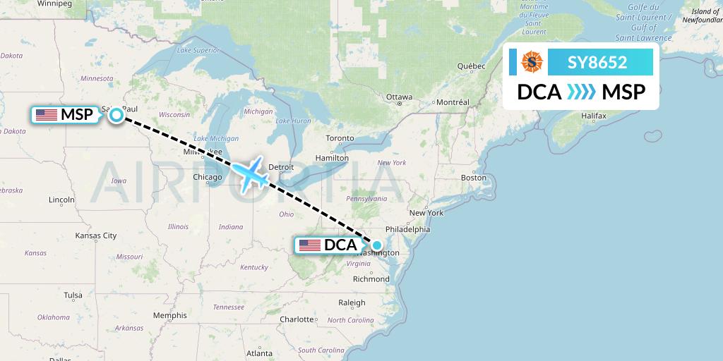 SY8652 Sun Country Airlines Flight Map: Washington to Minneapolis
