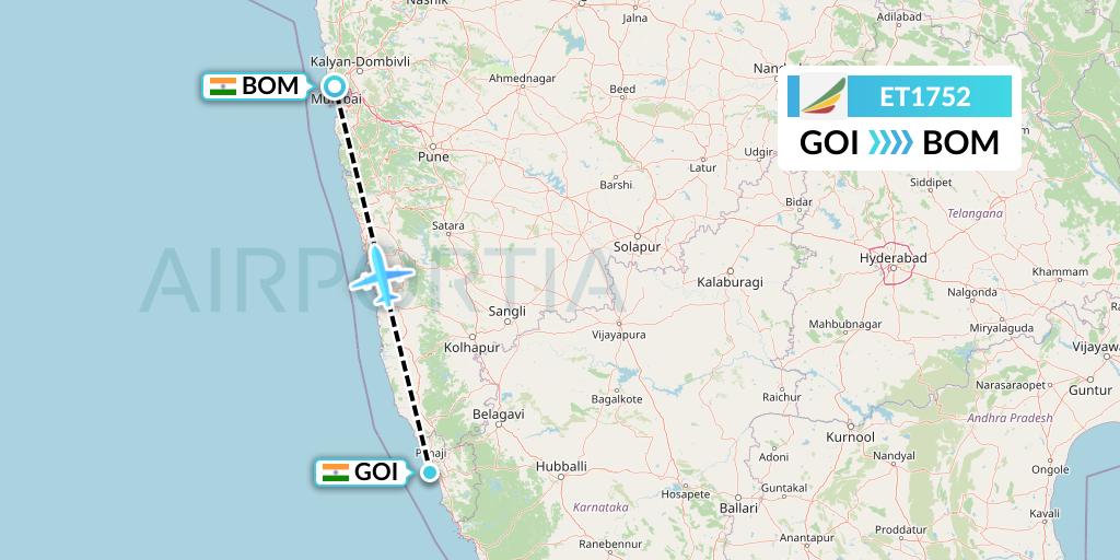 ET1752 Ethiopian Airlines Flight Map: Goa to Mumbai