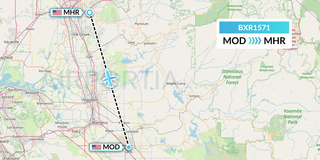 BXR1571 Redding Aero Enterprises Flight Map: Modesto to Sacramento