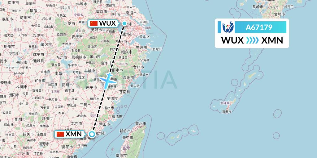 A67179 Hongtu Airlines Flight Map: Wuxi to Xiamen