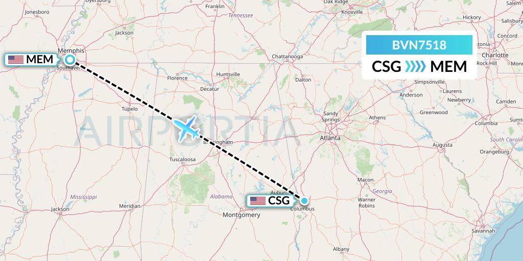 BVN7518 Baron Aviation Services Flight Map: Columbus to Memphis