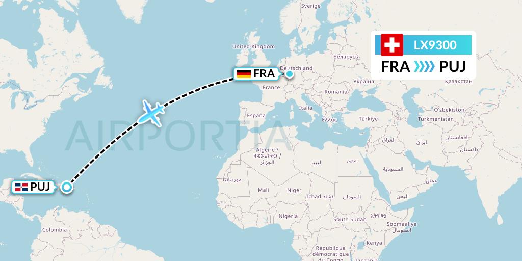 LX9300 Swiss Flight Map: Frankfurt to Punta Cana