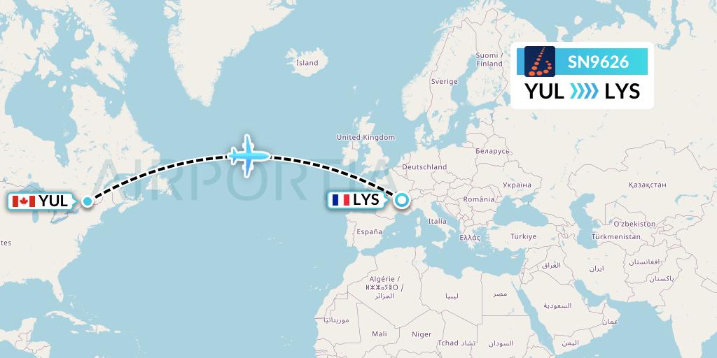 SN9626 Brussels Airlines Flight Map: Montreal to Lyon